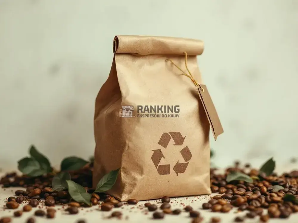 Ekologiczne opakowanie z brązowego papieru z symbolem recyklingu, stojące na tle ziaren kawy i zielonych liści.