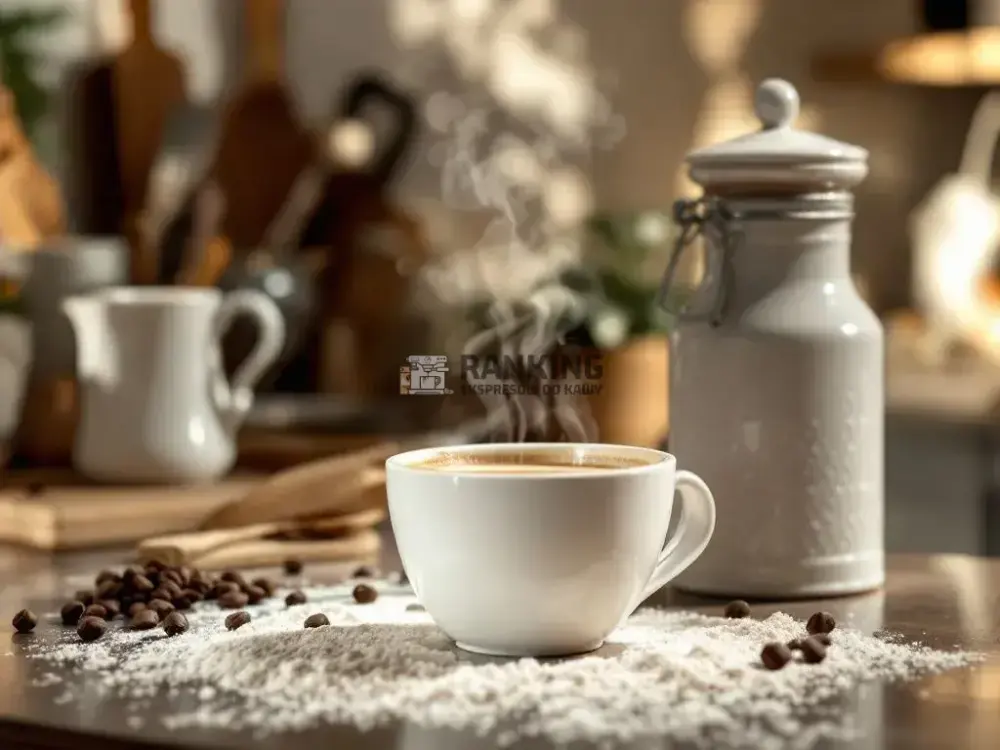 Parująca filiżanka kawy otoczona rozsypaną inuliną i ziarnami kawy na drewnianym blacie kuchennym, w tle widać ceramiczny pojemnik i przytulny, domowy wystrój.