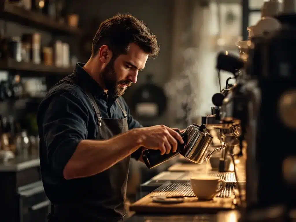 Barista w czarnej koszuli i fartuchu nalewający kawę do filiżanki przy profesjonalnym ekspresie do kawy w kawiarni. W tle widać półki z produktami oraz przytulne oświetlenie.