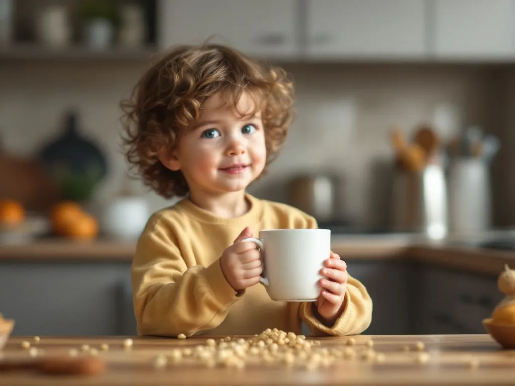 Uśmiechnięty chłopiec z kręconymi włosami trzyma biały kubek w rękach, siedząc przy kuchennym stole. Na blacie widać rozsypane ziarna, a w tle znajduje się przytulne, domowe wnętrze.