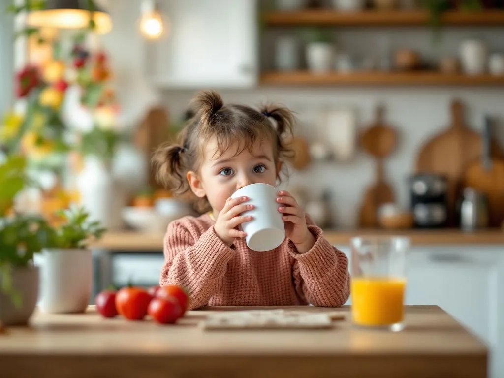 Dziewczynka z dwoma kucykami trzyma kubek i pije przy kuchennym stole. Na blacie leżą pomidory i szklanka soku pomarańczowego, a w tle widoczna jest jasna, domowa kuchnia z zielonymi roślinami.