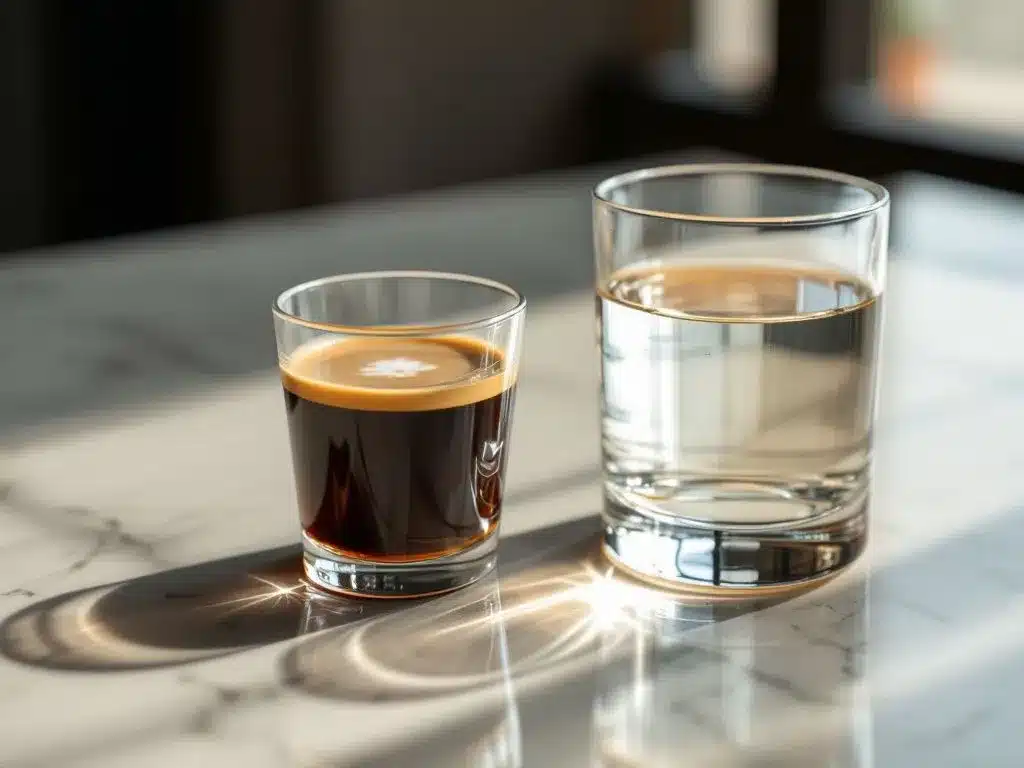 Filiżanka espresso na marmurowym blacie obok szklanki wody. Na blacie widoczne są odbicia szklanek, tworzące efektowne refleksy świetlne.