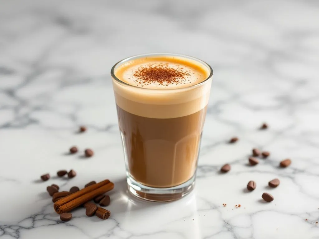 Szklanka latte macchiato podana na marmurowym blacie, z kremową pianką posypaną cynamonem. Wokół rozłożone są ziarna kawy i laski cynamonu.