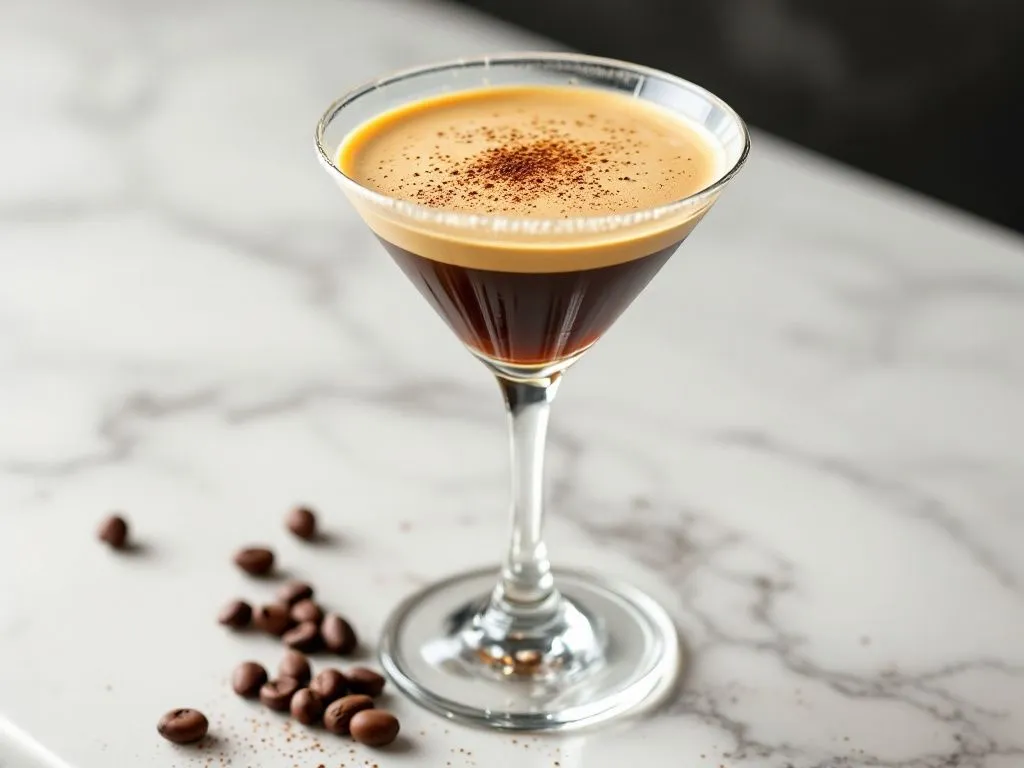 Koktajl Espresso Martini w przezroczystym kieliszku na marmurowym blacie. Na powierzchni koktajlu znajduje się kremowa pianka z delikatnym kakao, a obok kieliszka rozsypane są ziarna kawy.