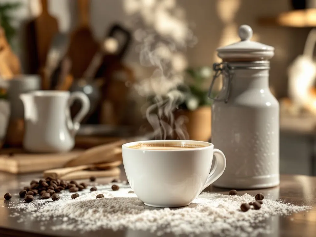 Parująca filiżanka kawy otoczona rozsypaną inuliną i ziarnami kawy na drewnianym blacie kuchennym, w tle widać ceramiczny pojemnik i przytulny, domowy wystrój.