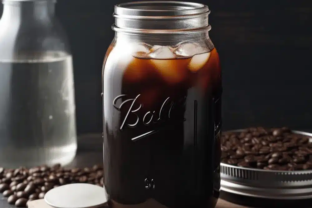 Słoik wypełniony cold brew, z unoszącymi się kostkami lodu w ciemnym naparze. Dookoła rozsypane są ziarna kawy, podkreślając temat kawowy. Wytłoczone logo na słoiku nadaje kompozycji rustykalnego charakteru.