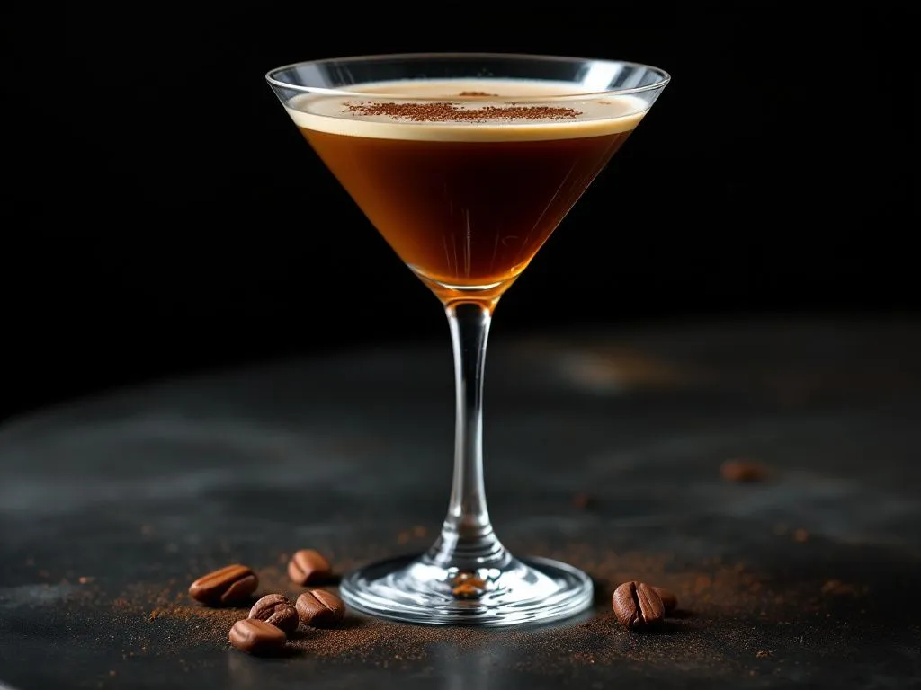 Elegancko podany koktajl Espresso Martini w klasycznym kieliszku, na ciemnym tle. Na powierzchni widoczna jest kremowa pianka z posypką z kakao, a wokół kieliszka rozłożone są ziarna kawy.