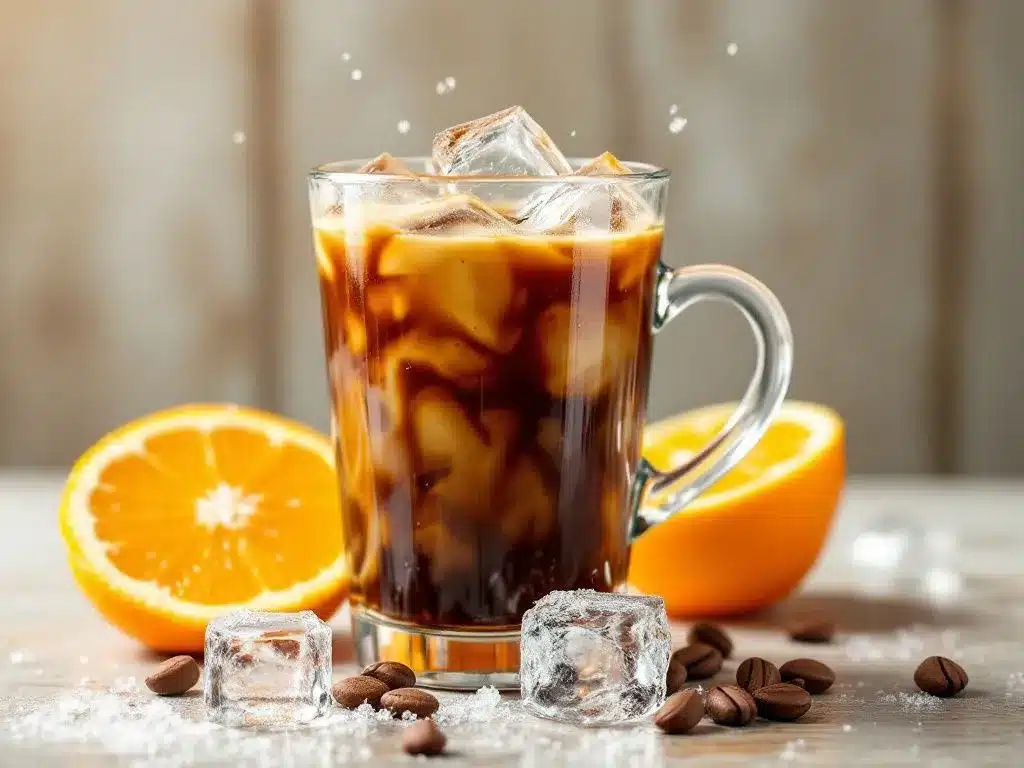 Szklanka orange espresso z kostkami lodu, obok której znajdują się połówki pomarańczy, kostki lodu oraz rozsypane ziarna kawy.