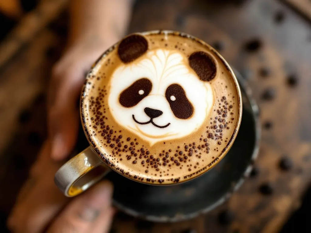 Filiżanka kawy z latte art przedstawiającym uśmiechniętą pandę, otoczoną kakaowym wzorem. W tle ręce trzymające filiżankę i rozsypane ziarna kawy na drewnianym stole.