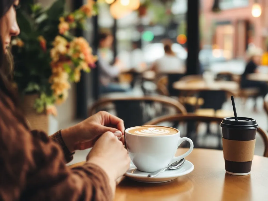 Osoba w kawiarni, trzymająca filiżankę cappuccino z delikatnym wzorem na mlecznej piance, obok kubka na wynos.