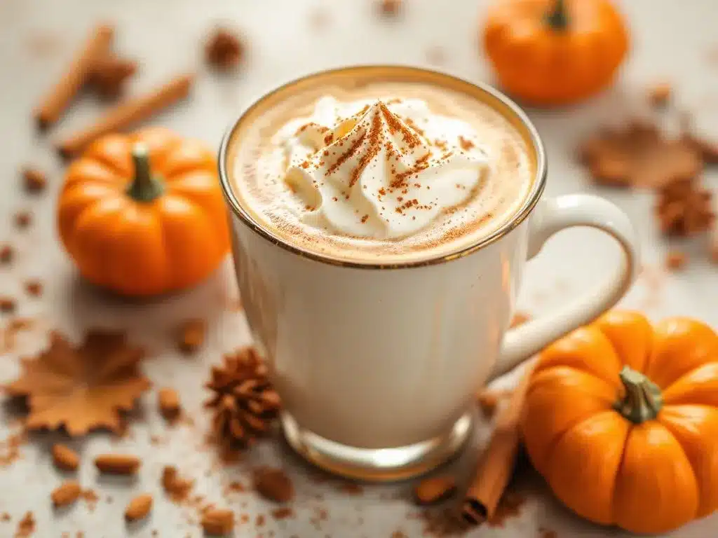 Filiżanka pumpkin spice latte z bitą śmietaną i posypką przyprawową, otoczona dyniami, laskami cynamonu i ozdobnymi liśćmi.